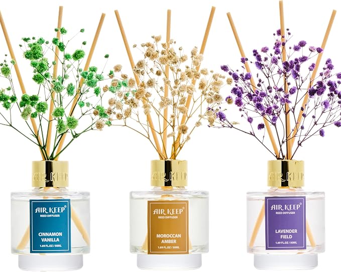 Reed Diffuser Set of 3, Cinnamon Vanilla Lavender Field Moroccan Amber Oil Reed Diffusers for Bedroom Living Room Office Aromatherapy Oil Reed Diffuser for Gift 50ml x 3
