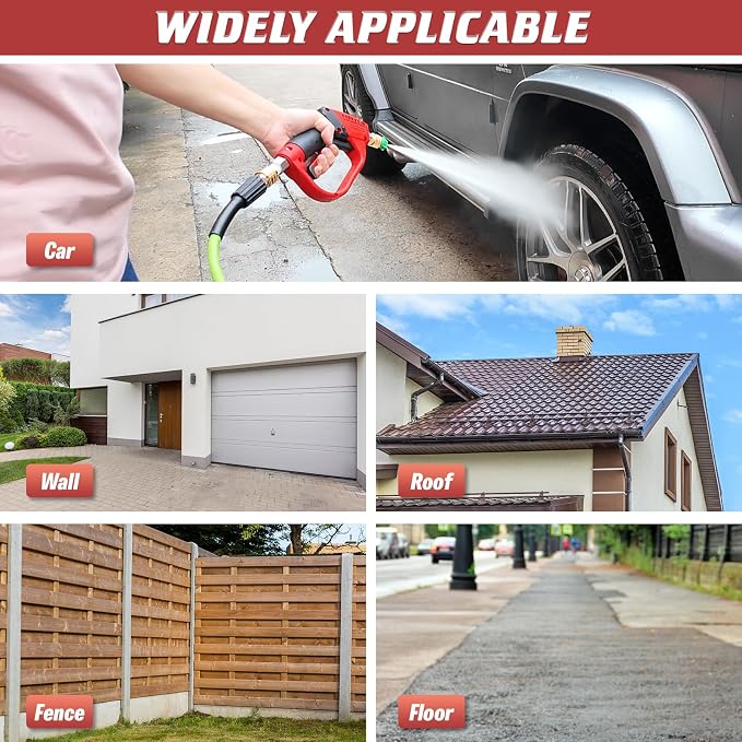 Pressure Washer Gun 5000 PSI, 360° Swivel Gun with 1/4" QC Outlet | Pressure Washer Accessories , Stubby Pressure Washer Gun with 5 Nozzle Tips, 3/8" Plug & M22-14mm Adapter