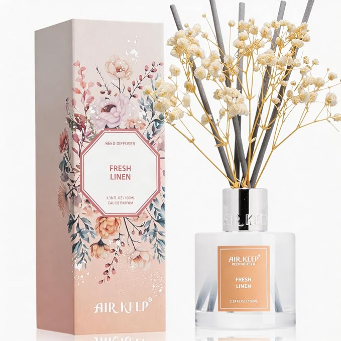 Reed Diffuser Set,3.38 fl oz (100 ml) - Fresh Linen Oil Diffusers with 8 Reed Sticks, Home Fragrance Reed Diffuser for Bathroom Shelf Decor