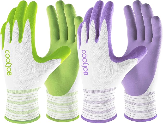 COOLJOB 6 Pairs Gardening Gloves for Women Ladies, Breathable Rubber Coated for Yard Garden, Outdoor Indoor Protective Work, Large, Lavender Purple & Apple Green