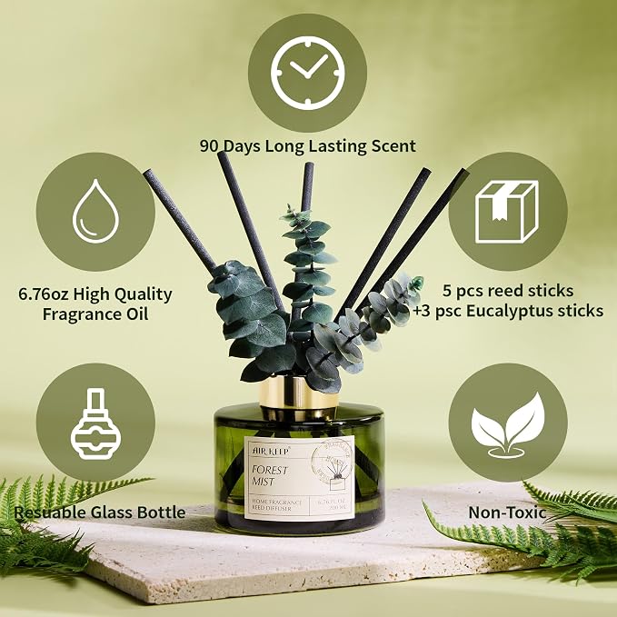 Reed Diffuser Set with 6.76 fl oz Forest Mist Scent Essential Oils and 3 Leaves & 8 Diffuser Sticks,Bathroom Shelf Decor & Air Freshener, House Bedroom Office Decor & Gifts