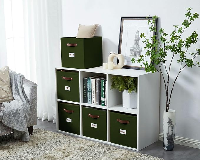 DECOMOMO Storage Baskets, 13x15x13 Storage Cube Bins with Labels for Organizing Shelves Kallax (Kallax / 4pcs, Olive Green)