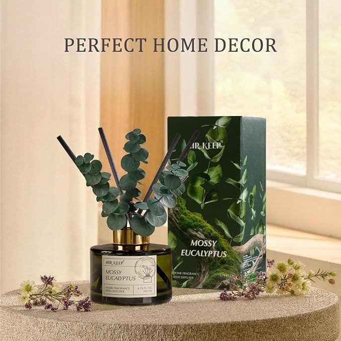 Reed Diffuser Set with 6.76 fl oz Moss Eucalyptus Scent Essential Oils and 3 Leaves & 8 Diffuser Sticks,Bathroom Shelf Decor & Air Freshener, House Bedroom Office Decor & Gifts