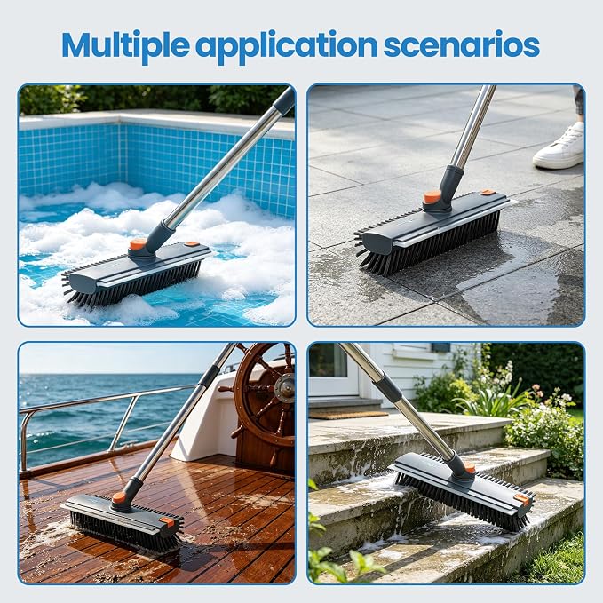 3 in 1 Floor Scrub Brush, Heavy Duty 90° Bristle with Squeegee (Gray) | 3 heights adjustable 360° brush head Perfect for bathroom, kitchen, garage & patio
