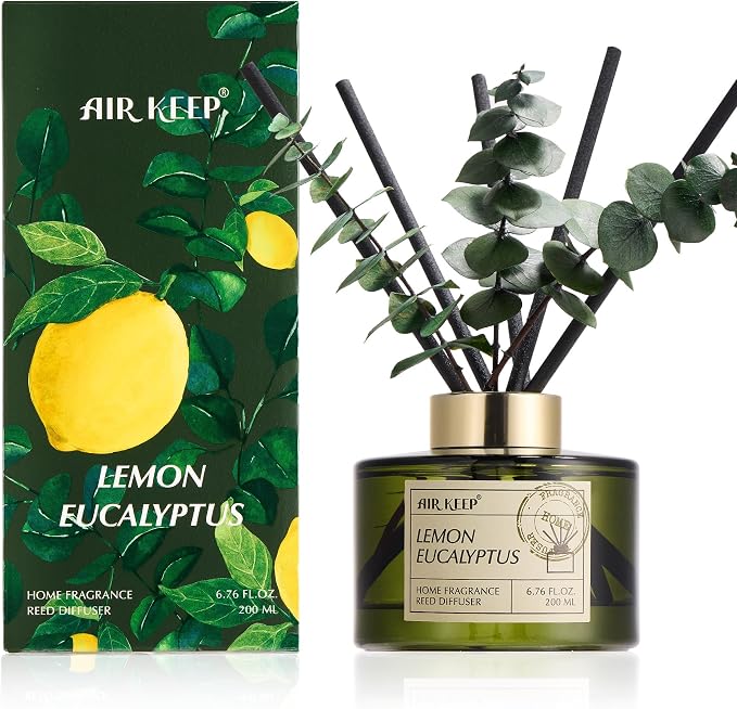Reed Diffuser Set with 6.76 fl oz Lemon Eucalyptus Scent Essential Oils and 3 Leaves & 8 Diffuser Sticks,Bathroom Shelf Decor & Air Freshener, House Bedroom Office Decor & Gifts