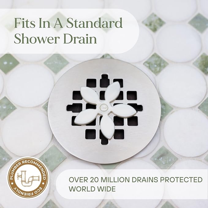 DrainWig Shower Drain Hair Catcher – Disposable Bathroom Hair Trap, Easy to Install in Shower Drain Cover, Helps Prevent Clogs – As Seen on Shark Tank – White Flower (4-Pack)