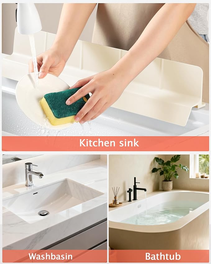 Kitchen Sink Splash Guard 23" 18" 30" Self-Draining Silicone Water Guard with High Splash Wall & Strong Suction Cups for Faucet, Countertop & Sink Edge, Keeps Sinks Dry, Dishwasher Safe,Cream