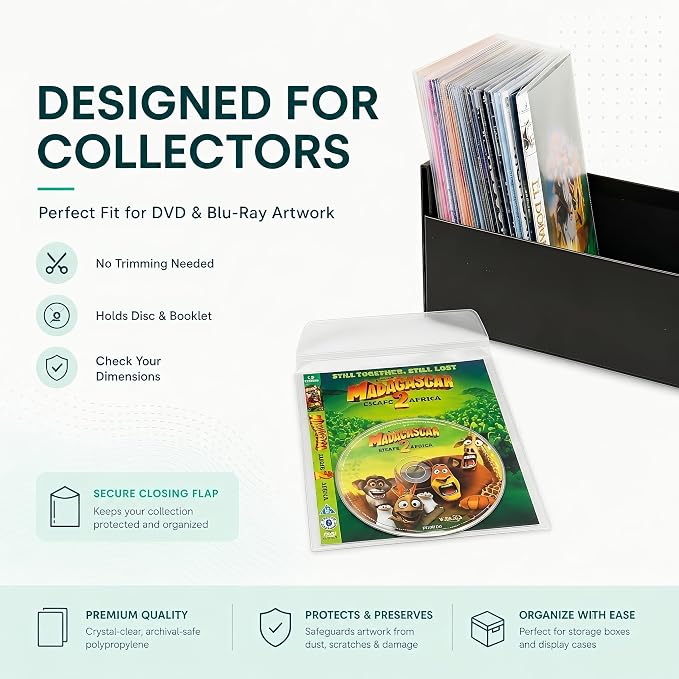 Tarifold DVD Storage Sleeves with Closing Flap & Space for Cover, 100 Pack | Holds DVD, cover art and booklet; 120-micron polypropylene; scratch and dust resistant