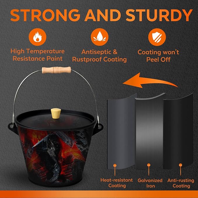 Small Ash Bucket with Lid and Shovel, Metal Fireplace Ash Bucket with Broom, Complete Fireplace Tools Set for Wood Stove and Fireplace, Black