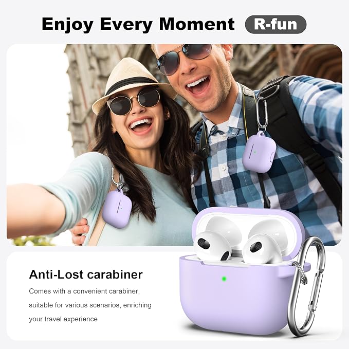 R-fun Compatible with AirPods 3 Case Cover, Silicone Protective Accessories Skin with Keychain Compatible with Apple AirPod 3rd Generation 2021 for Women Men Girls Boys,Front LED Visible,Banana violet