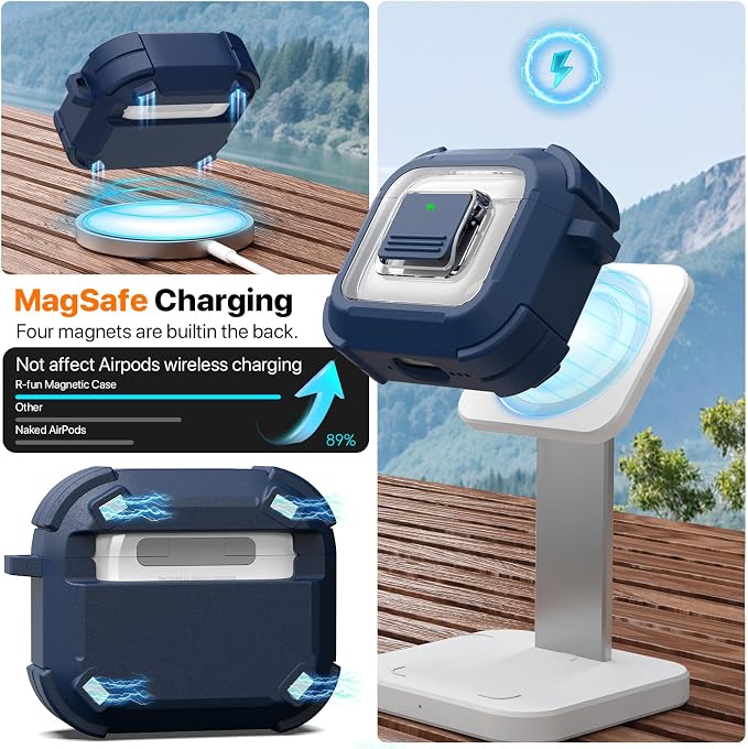 R-FUN for AirPods 4 Case with Lock Magnetic Lid MagSafe, Blue | Compatible with Apple AirPods 4th Generation Protective Case with Cleaner Kit & Carabiner, Powerful Drop Protection