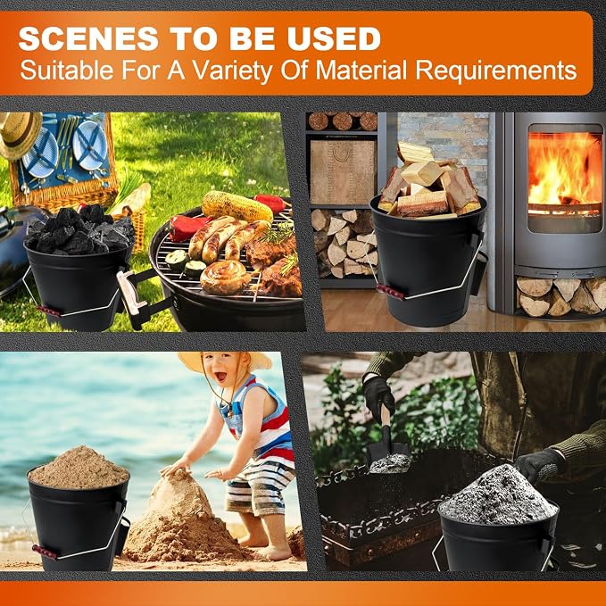 5.2 Gallon Ash Bucket with Lid and Shovel, Metal Fireplace Ash Bucket with Broom, Complete Fireplace Tools Set for Wood Stove and Fireplace