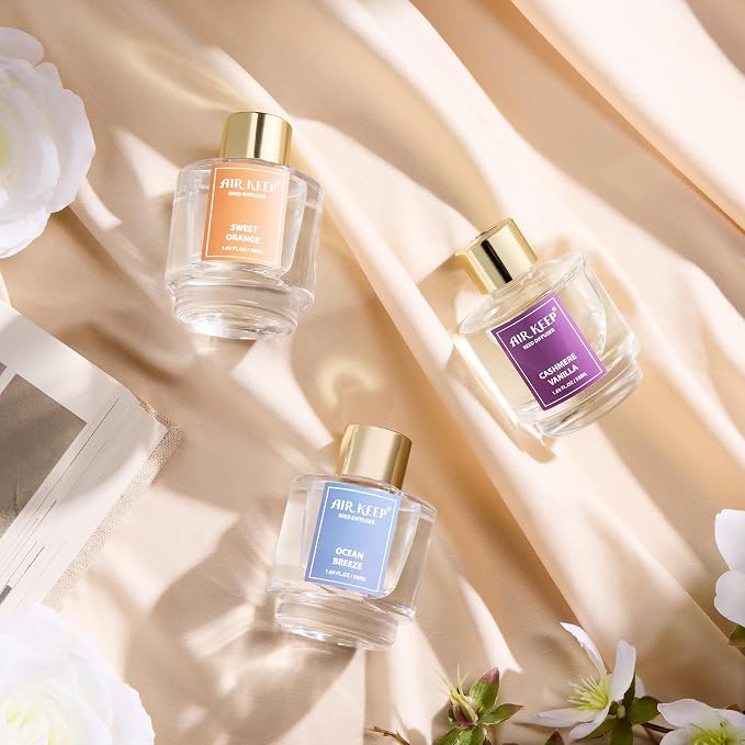 Reed Diffuser Set of 3, Ocean Breeze Sweet Orange Cashmere Vanilla Oil Reed Diffusers for Bedroom Living Room Office Aromatherapy Oil Reed Diffuser for Gift 50ml x 3