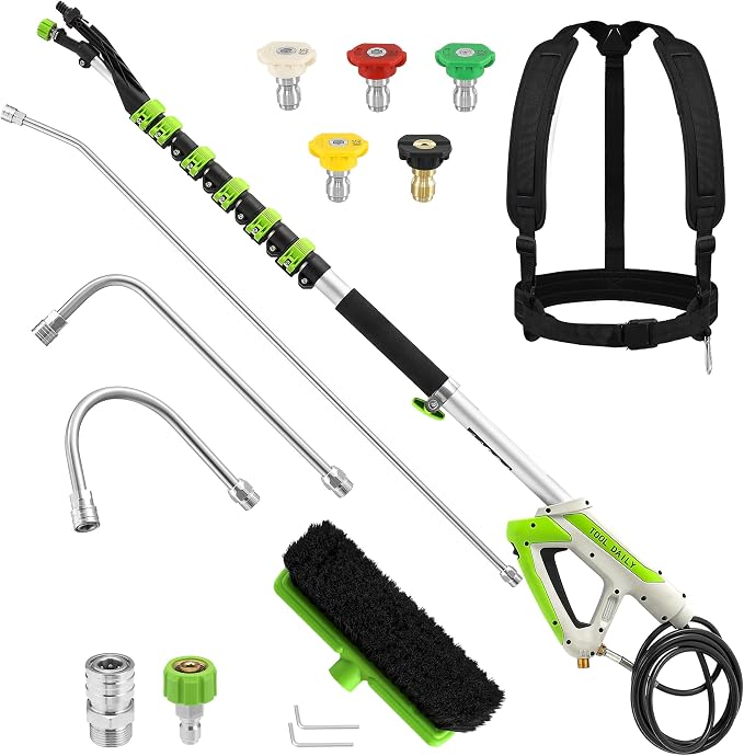 Tool Daily 21FT Telescoping Pressure Washer Wand with Brush, Extension Wand | Aluminum Telescopic Gutter Cleaner with 3 Curved Rods, 5 Sprayer Nozzle Tips and Adjustable Belt, 4000 PSI