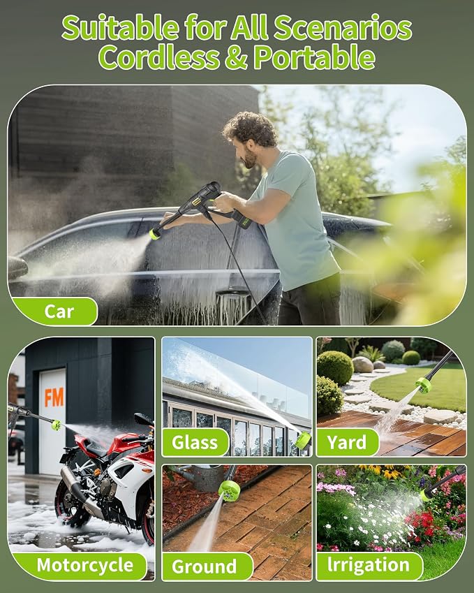 Cordless Pressure Washer, Handheld Portable Battery Cordless Power Washer | Pure Copper Motor, 23FT Elastic Hose, 6-In-1 Nozzle, Lightweight Car Washer with Foam Pot for Car Home Outdoor Patio Garden