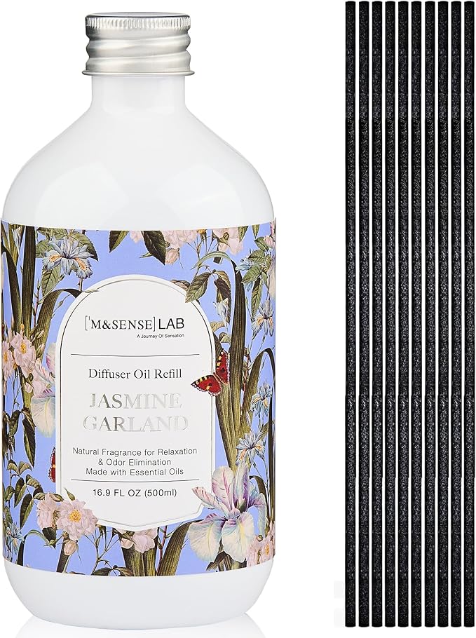 M&SENSE Reed Diffuser Set, Jasmine Garland, 17oz Natural Essential Oil | Non-Toxic Organic, Long-Lasting Fragrance, Ideal for Bathroom, Bedroom, Gifts for Women
