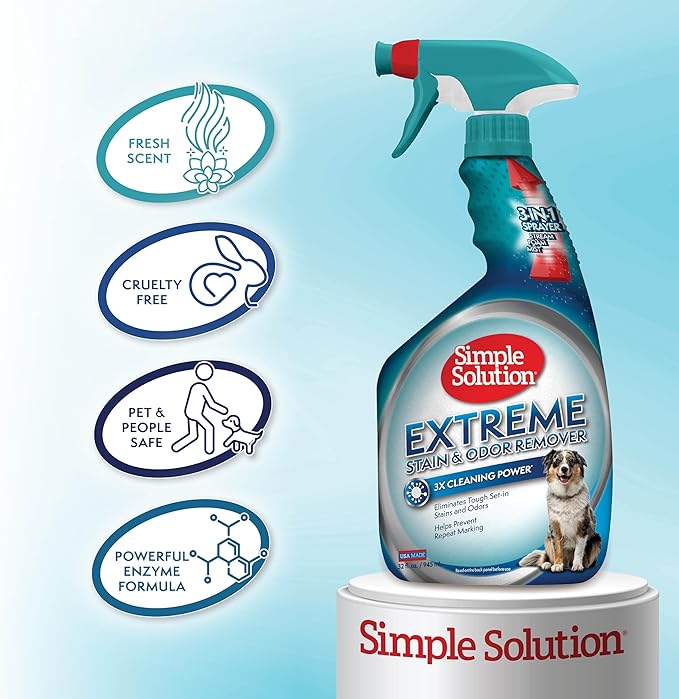 Simple Solution Extreme Pet Stain and Odor Eliminator Spray, Pee Stain Remover, Enzyme Cleaner, 3X Pro-Bacteria Cleaning Power, Dog Odor Remover, 32 oz