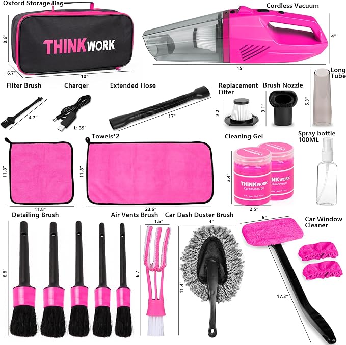 THINKWORK Car Detailing Kit with Vacuum, Pink Car Cleaning Accessories Set | 8000PA High Suction/High power Cordless Vacuum Cleaner,Led Light, Interior deep cleaning, 22Pcs,Home & Vehicle,Gift for Women