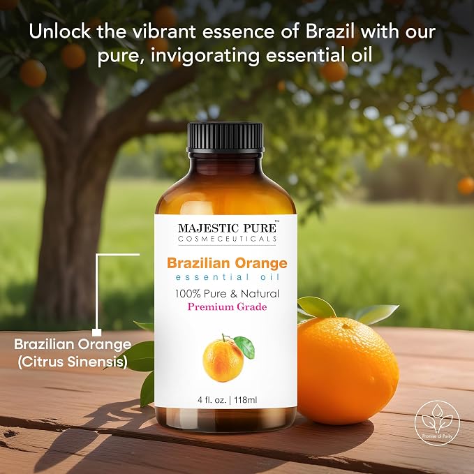 Majestic Pure Brazillian Orange Essential Oil for Diffuser - 4 Fl Oz | 100% Natural Premium Grade Oil for diffuser blends, candle making, wax melts, soap making, massage, Air Freshening