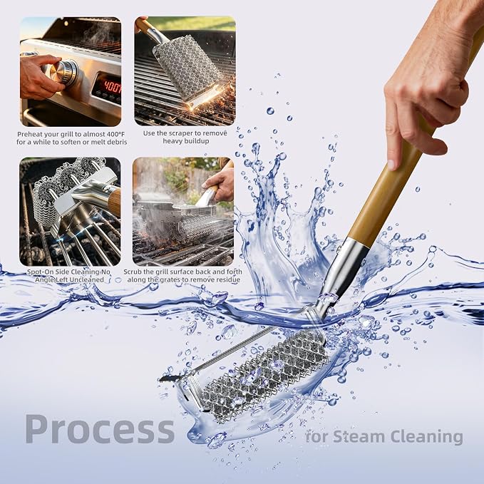 HOUSE AGAIN Grill Brush Bristle Free, Stainless Steel Food-Grade Brush Head with Scraper, Safe Steam BBQ Outdoor Grill Cleaning Brush Barbecue Grill Cleaner Non Wire for Grill Grate/Long Wood Handle