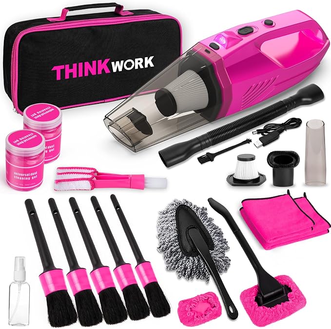 THINKWORK Car Detailing Kit with Vacuum, Pink Car Cleaning Accessories Set | 8000PA High Suction/High power Cordless Vacuum Cleaner,Led Light, Interior deep cleaning, 22Pcs,Home & Vehicle,Gift for Women