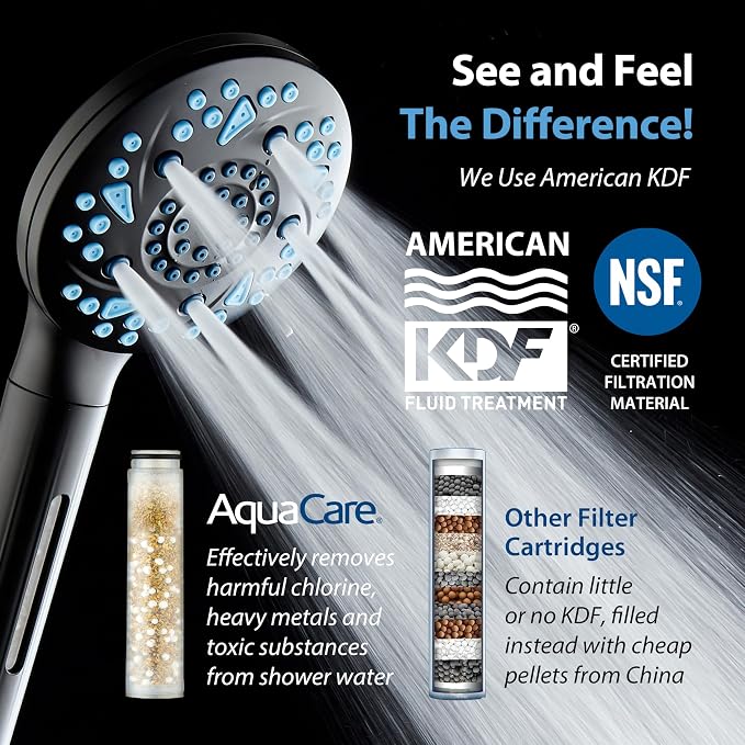 AquaCare High Pressure 10 Spray Mode Filtered Showerhead - Handheld Shower Head Filters Chlorine to Heal Dry Skin, Revive Hair - Dual Power Wash Cleans Tub, Tile, Pets - Hard Water Softener, Black