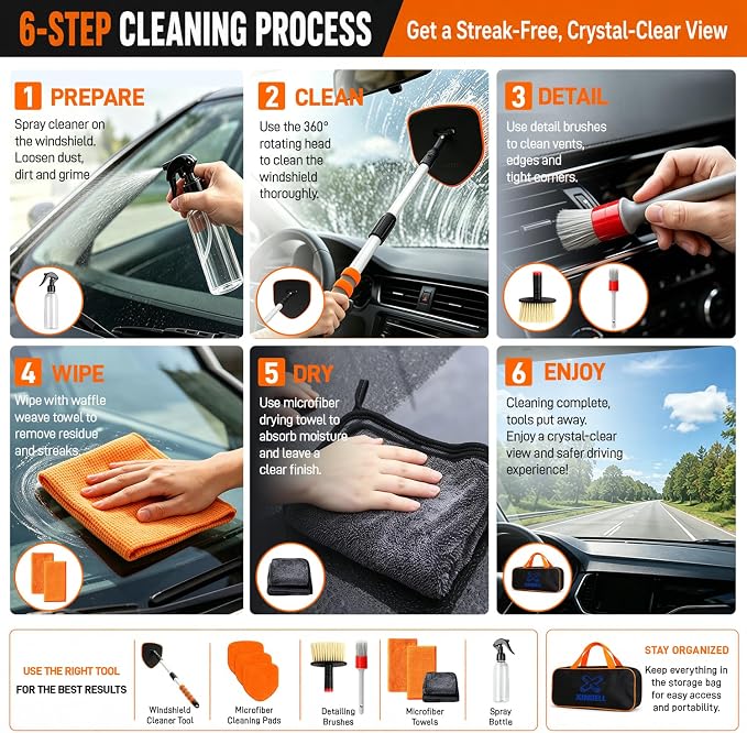 XINDELL Interior Windshield Cleaner Tool, Extendable Car Window Cleaning Kit with 360° Rotating Head