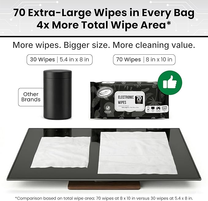 Air Jungles Electronic Wipes Screen Cleaner 70 Count, XL 8x10 Inch | No Cloth Needed, Cleaning LED Screen, TV, Computer, Tablet, Phone, Laptop, Monitor, Smart Watch, Headphone & Gaming Equipment
