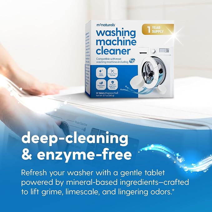 M3 Deep Cleaning Washing Machine Cleaner for Front & Top Load | 24 Fragrance-Free Washer Cleaner and Deodorizer | 1-Year Supply Septic Safe Tablets