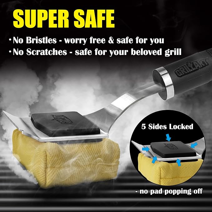 GRILLART Grill Brush Bristle Free Safe Steam Cleaning Tool, Replaceable Head for Any Grate Type - 17” Long Handle w/One-Fit-All Scraper - BBQ Accessories Cleaner for Outdoor Grill - Gifts for Men/Dad