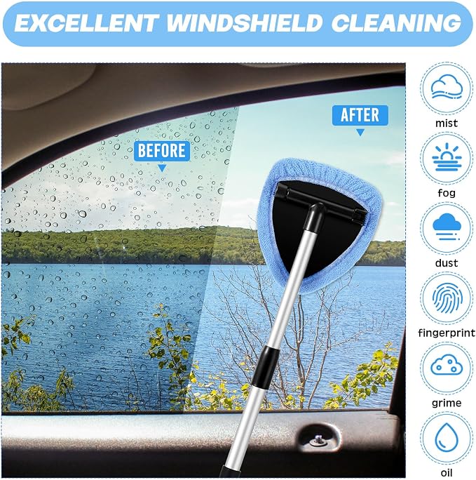 Potchen 8pcs Car Windshield Cleaner Tool with Extendable Handle, Light Blue | with Microfiber Towel Pads, Brush, Empty Spray Bottle, Car Window Cleaner for Auto Glass Wiper Suvs Rvs & Home Windows