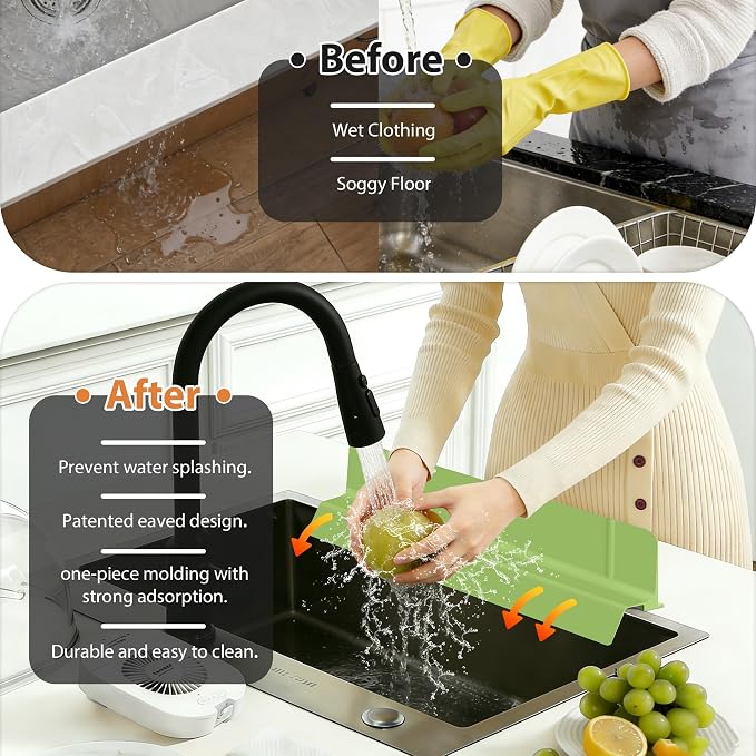 18Inch Sink Splash Guard – Extended Length & Tall Silicone Kitchen Sink Splash Guard with Overhang Drainage Design & Strong Suction Cups for Countertop(Green, 18''x3.5'')