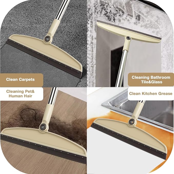 Silicone Air Broom, Multi-Function Long Handle with Adjustable Rubber Squeegee for Indoor Hardwood Floors, Kitchens, Concrete Floors, Bathroom Tiles (Beige)