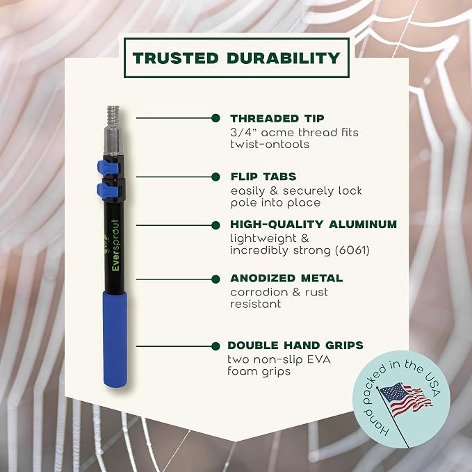 EVERSPROUT Cobweb Duster & 1.5 to 3 ft Pole, Indoor & Outdoor | Medium-Stiff Bristles, for Ceilings, Walls, Corners, Beams, Shelves, Window Screens and more, Lightweight, 3/4" Acme thread