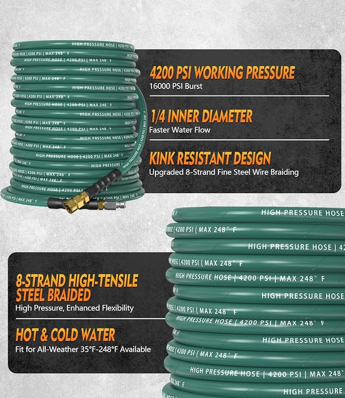 Pressure Washer Hose 100 ft, 4200 PSI Steel-Braided & Durable - Flexible & Kink-Resistant, Power Washer Hose with 3/8" Swivel Quick Connect, Hot/Cold Water Compatible - 100 Foot, Green