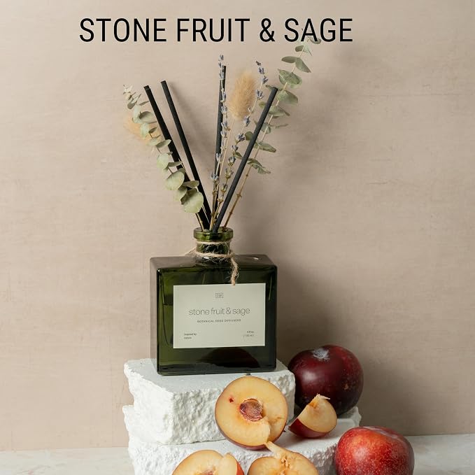 Craft & Kin Reed Diffuser with Dried Flowers | 5 oz Stone Fruit & Sage Scented Holiday Reed Diffusers for Home, Bathroom | Scent Sticks | Elegant Fragrance Home Decor for Men & Women