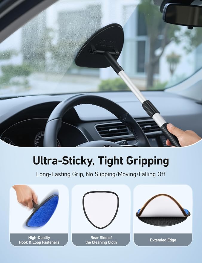 AstroAI 4pcs Windshield Cleaner Tool for Effortless Installation | Extendable Handle, 4 Reusable Microfiber Pads, Streak-free & Lint-free, Auto Glass Wiper Brush for Car & Home, Blue