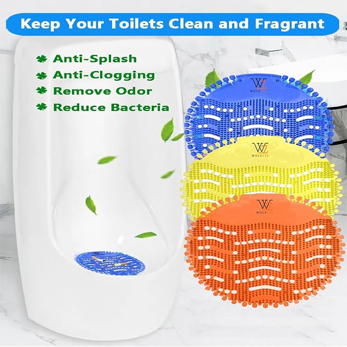 Urinal Screen Deodorizer (15 Packs) with 30 Gloves | 3 Fresh Scents, Ocean,Orange, Lemon|Urinal Cakes |Anti-Splash - Odor Protection for Toilets in Bathroom Restaurant Office Stadium School
