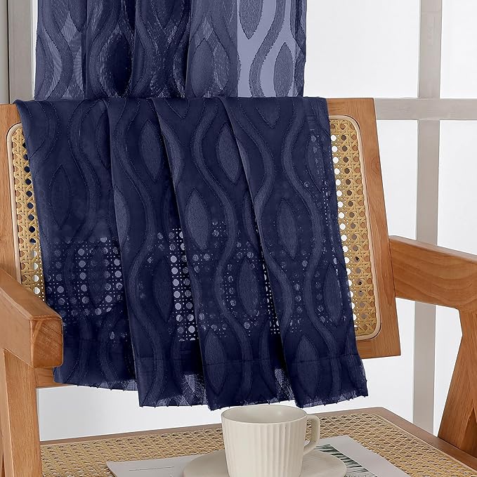 Aiyufeng Blue Valances for Windows, Chic Wavy Line Clip Jacquard Voile Sheer Small Window Curtain for Basement Small Curtains, Lightweight Rod Pocket Short Curtains for Windows, 2 PCS, 40Wx14L Inches