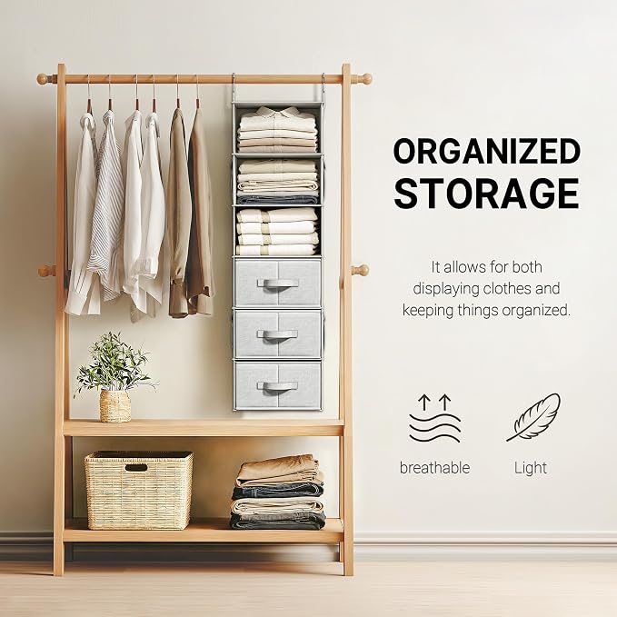 6-Shelf Hanging Closet Organizer with 3 Fabric Drawers, Silver Gray | Removable Fabric Drawers, Side Pockets, Reinforced Structure, Space-Saving Storage for Clothes, Nursery and Dorm Rooms