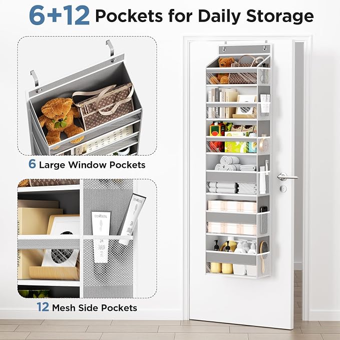 6 Tiers Over The Door Organizer, Behind The Door Storage Hanging Shelves | Heavy Duty Hanging Organizer Storage with Large Capacity Pockets for Closet Wall Bathroom Bedroom Nursery Pantry, 1 Grey