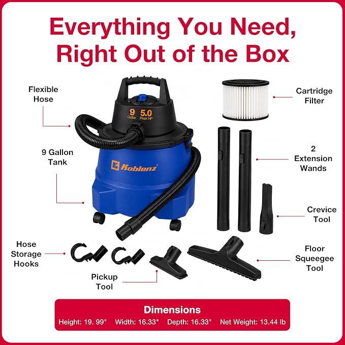 Koblenz WD-9 L212 Wet Dry Vacuum Cleaner, 9 Gallon, 5.0 PHP | 3-in-1 Suction & Blower, Big Vacuum Cleaners for Home, Heavy Duty Shop Vac, CLICK-N-LOCK Hose, Swivel Casters, Black/Blue