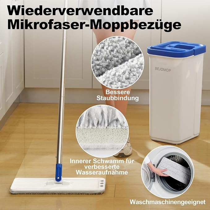 Mop and Bucket Set, Mops for Floor Cleaning with 60" Long Handle, Squeeze Flat Mop and Bucket System, Dry & Wet Dust Mop for Household Floor Cleaning with 5 Microfiber Mops, Slate Blue