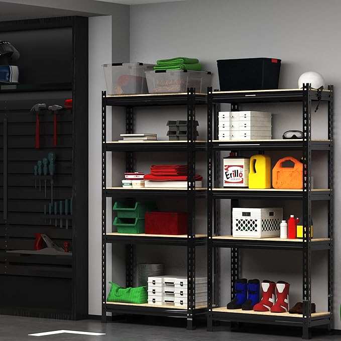 PrimeZone Storage Shelves 5 Packs 5 Tier Adjustable Garage Storage Shelving, Heavy Duty Metal Storage Utility Rack Shelf Unit for Warehouse Pantry Closet Kitchen, 28" x 12" x 59", Black