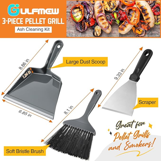 3 Piece Pellet Grill Ash Cleaning Kit, Easy to Remove Ash & Grime | Includes Large Dust Pan, Soft Bristle Brush, Metal Scraper & Wire Brush, Compact & Portable, BBQ Grill Cleaning Essential