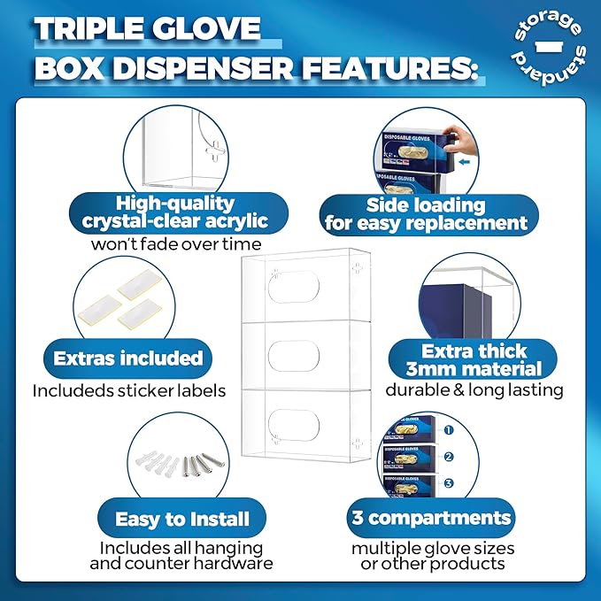 Triple Glove Box Holder Wall Mount Glove Dispenser - Disposable Glove Holder Wall Mount Glove Station for Medical Gloves, Multipurpose Kitchen Gloves Holder - 16.5 x 10 x 3.5 Inches