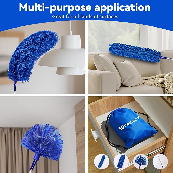 Duster with Extension Pole, 5 in 1 Cleaning Kit with Microfiber Dusters | Long Dusters for Cleaning High Ceilings, Cobweb Duster for Fan and Blinds, Feather Dusters Kit for Furniture Indoor Use