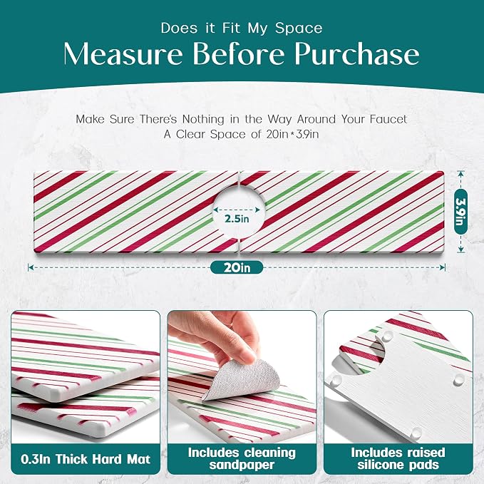 Stone Faucet Mat for Kitchen Sink, Diatomite Drying Stone Mat for Kitchen Counter, Prevent Moisture – Sink Splash Guard for Holiday Gift Home Decor (Red/Green, 20''x3.9'')