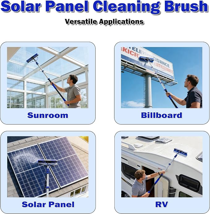 30FT Reach Solar Panel Cleaning Brush Kit with 5-24FT Telescoping Pole, 40FT Hose, 20" Water Fed Brush, Soap Dispenser, Cobweb Duster, Squeegee & High Ceiling Duster for Roof, RV, Gutter, Boat, Deck