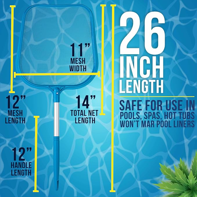 U.S. Pool Supply Professional Spa, Hot Tub, Pool Hand Leaf Skimmer Net, 26" Long with 12" Aluminum Pole - Fine Mesh Netting, Cleanout Leaves, Debris